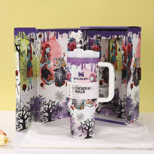 Gothic Romance Tumbler – white 40oz tumbler with roses, bats and purple accents