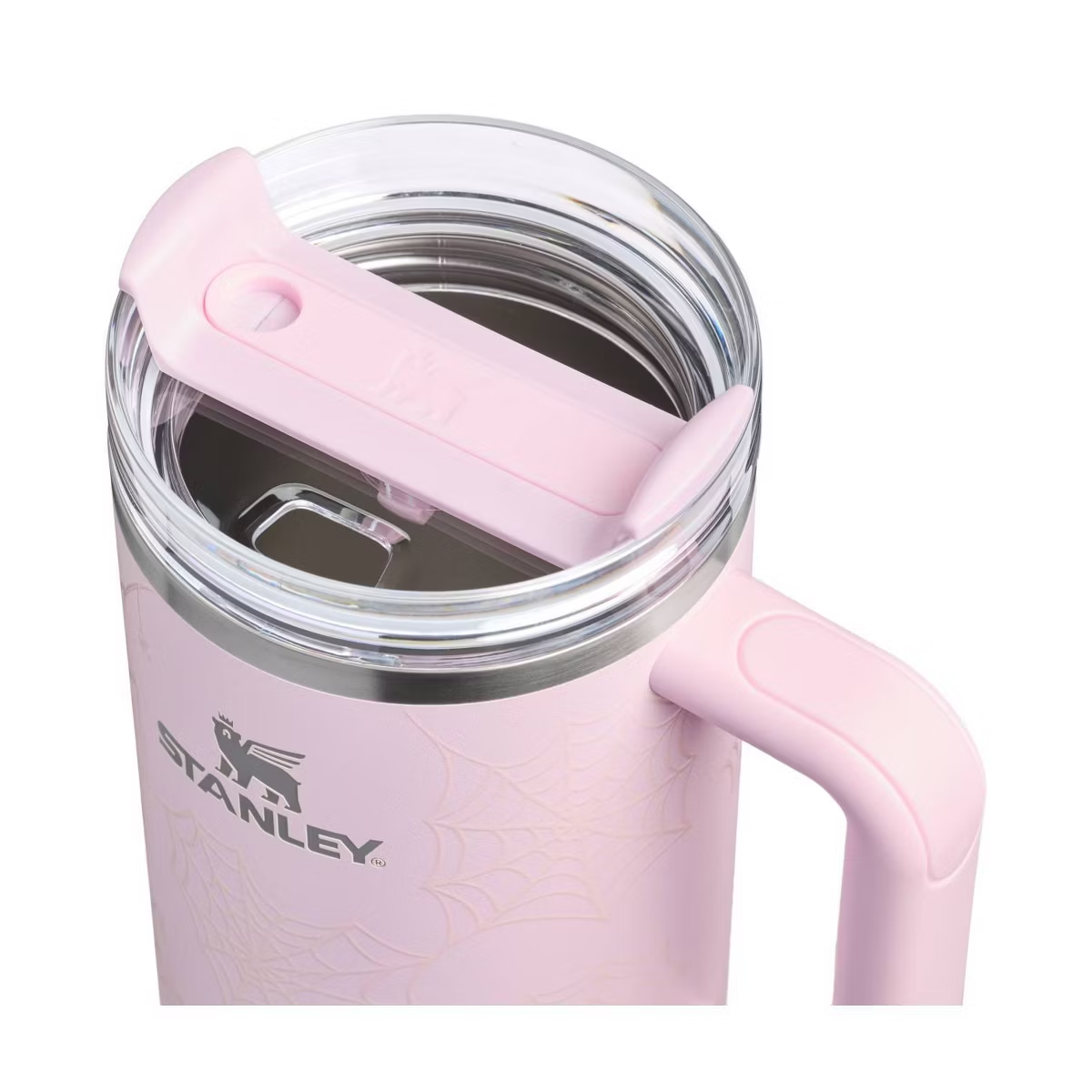 Pink Halloween Spiderweb Stanley Tumbler – lid and straw view