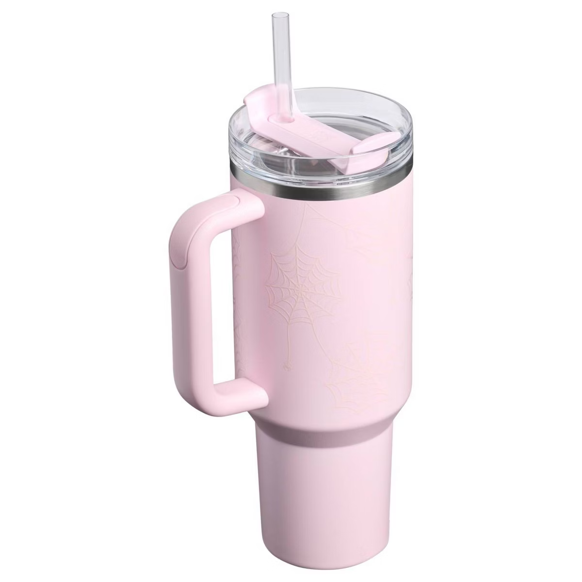 Pink Halloween Spiderweb Stanley Tumbler – handle view