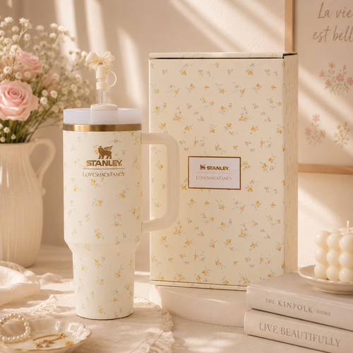 Meadow Bloom Tumbler Gift Set – cream floral 40oz tumbler with gift box