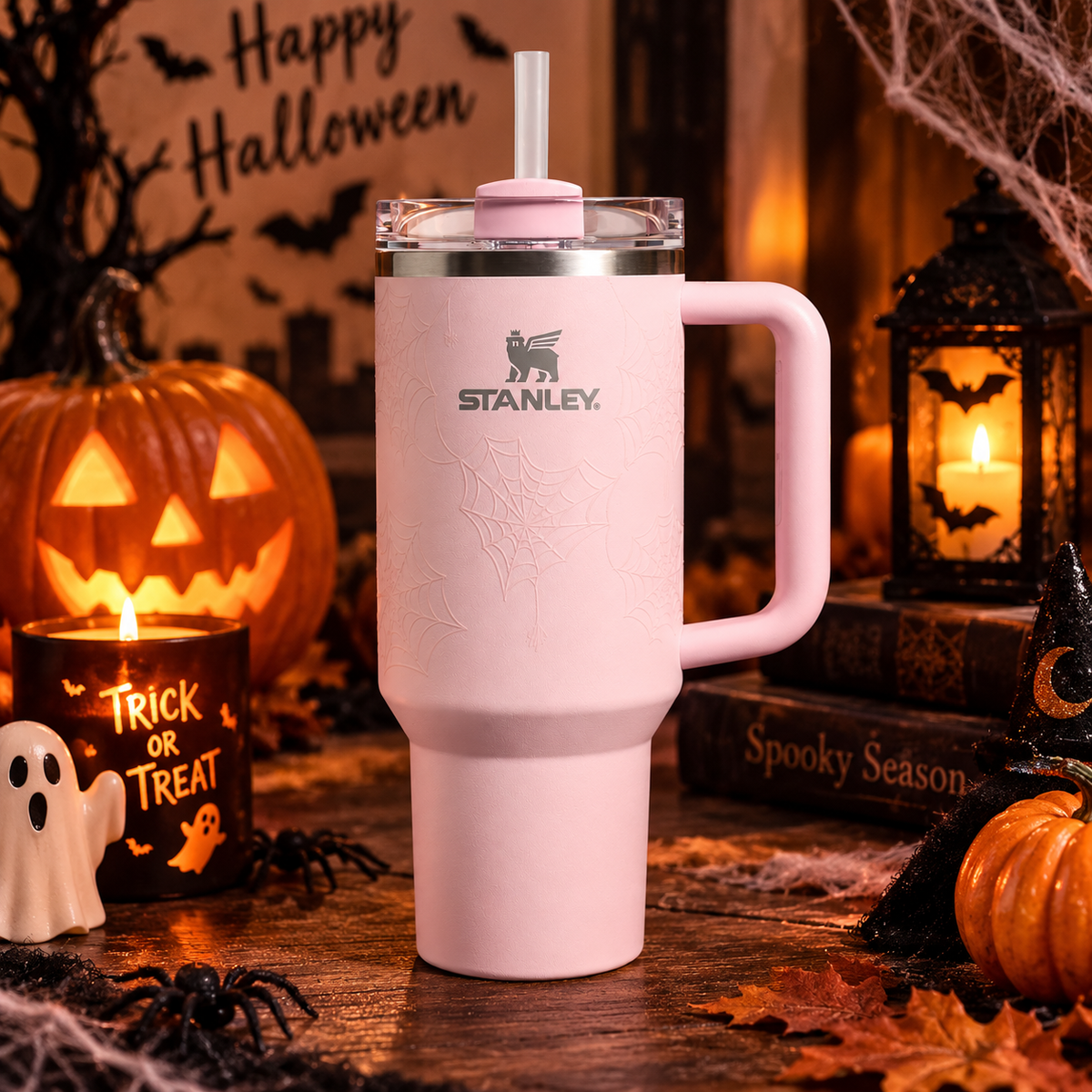 Pink Halloween Spiderweb Stanley Tumbler – pink 40oz with embossed spiderweb