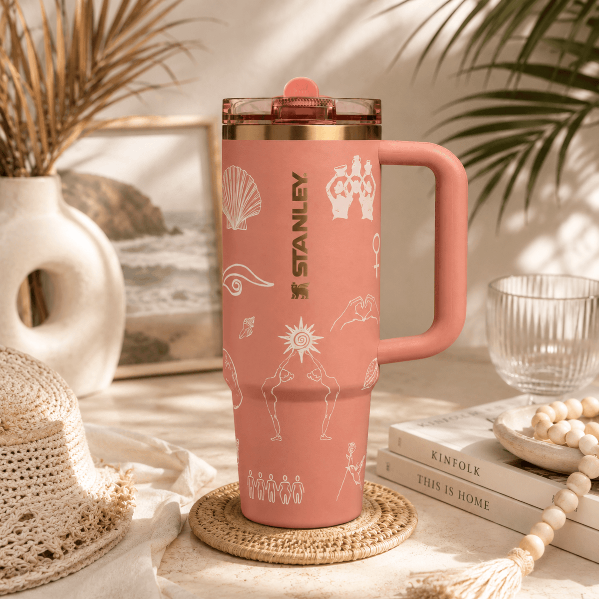 Sunset Harmony Insulated Tumbler – blush 30oz tumbler with line illustrations
