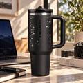 Midnight Celestial Tumbler – black 40oz insulated tumbler with moon and star pattern