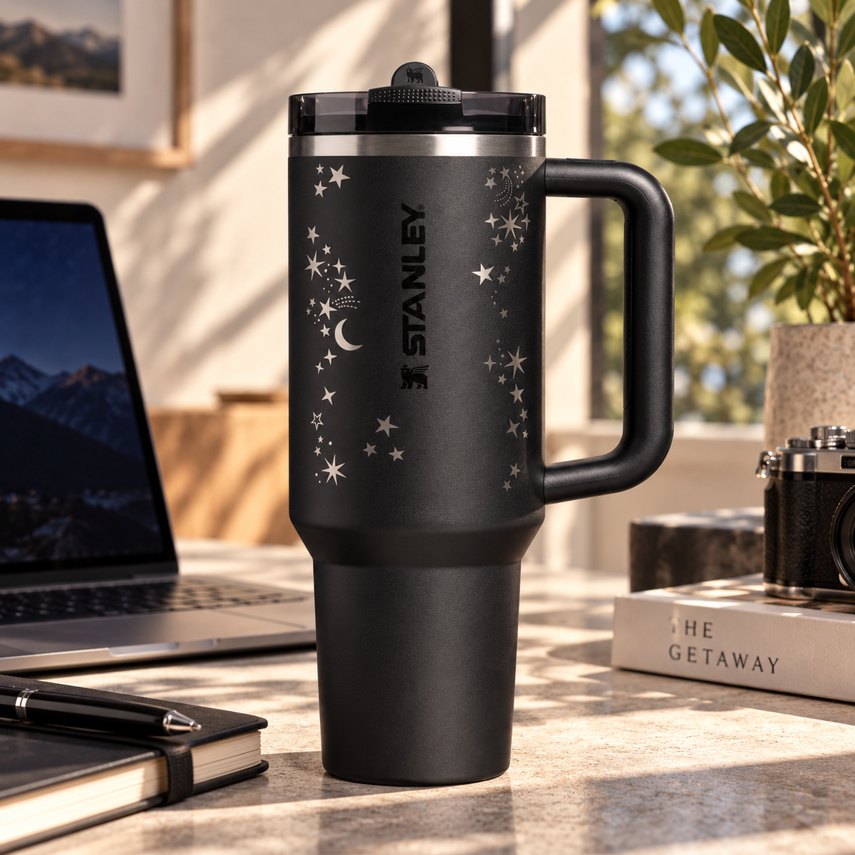 Midnight Celestial Tumbler – black 40oz insulated tumbler with moon and star pattern