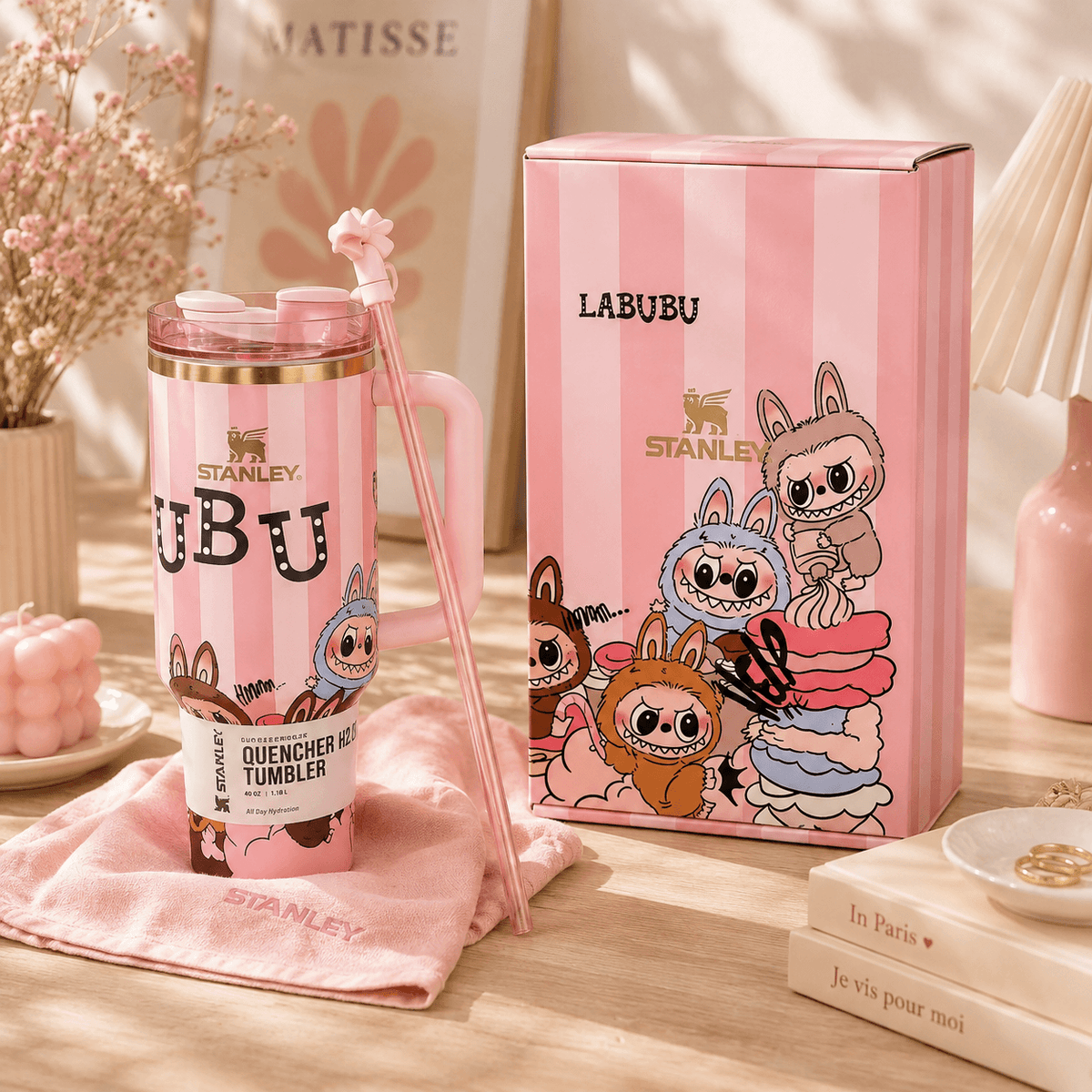 Pink Mischief Insulated Tumbler Gift Set – pink striped 40oz tumbler with bow topper