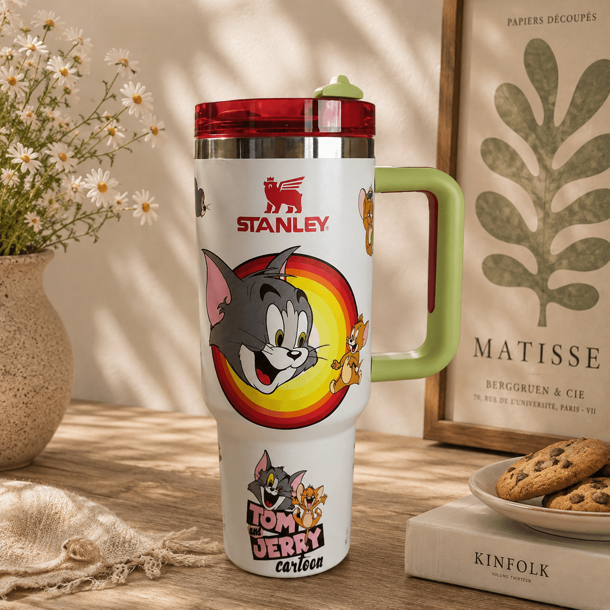 Retro Cat & Mouse Rainbow Tumbler – white 40oz tumbler with green handle