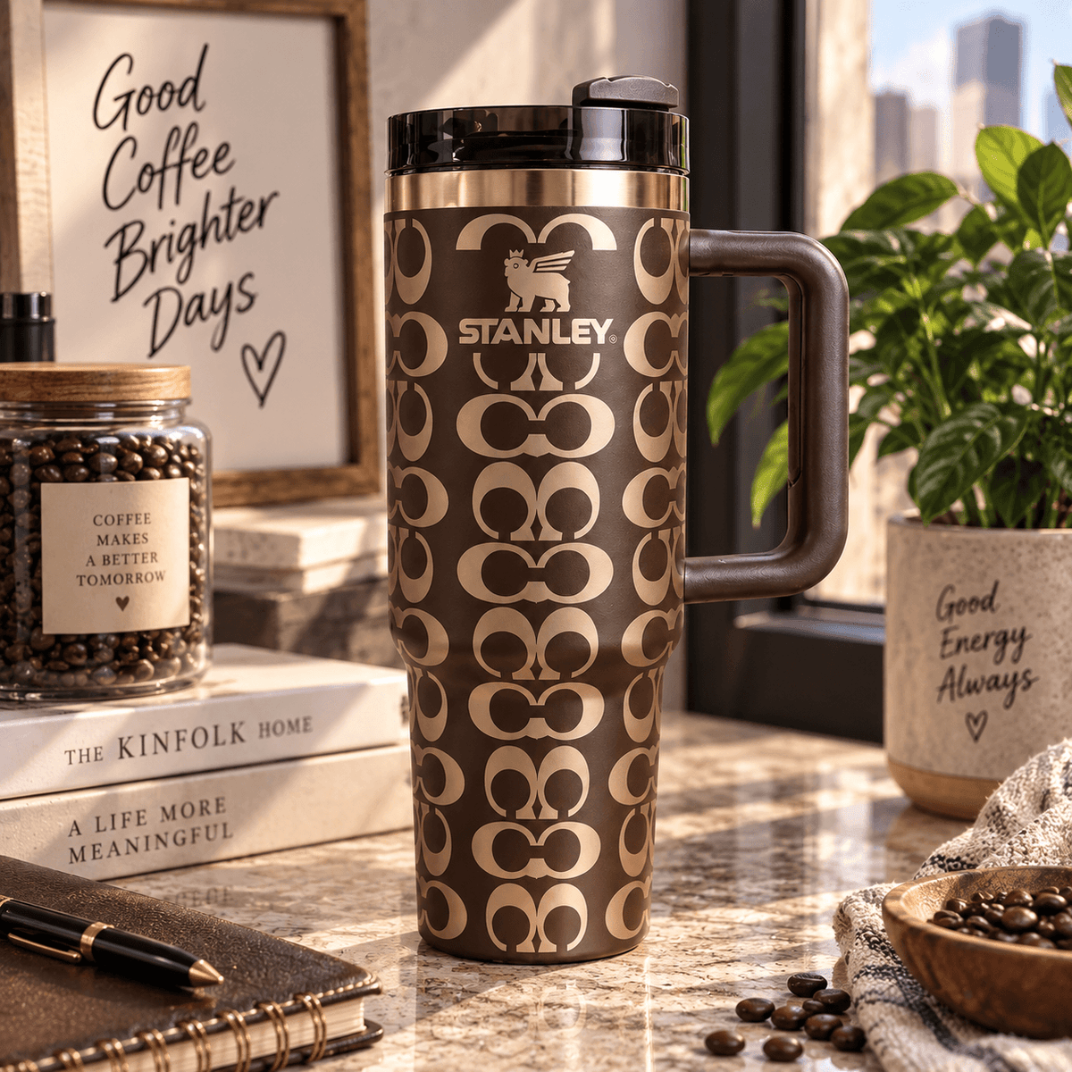 Mocha Signature Stanley Tumbler – brown 40oz Stanley tumbler with gold details