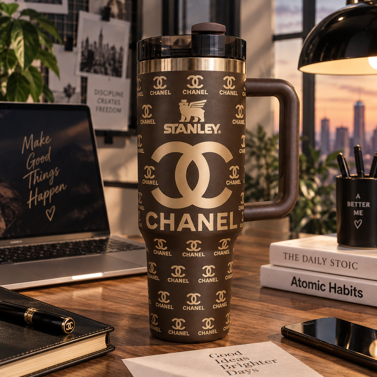 Mocha Gold Luxury Tumbler – brown 40oz tumbler with gold all-over pattern