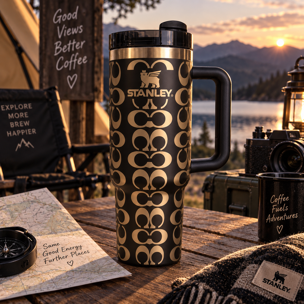 Mocha Gold Adventure Tumbler – 40oz tumbler with gold geometric pattern