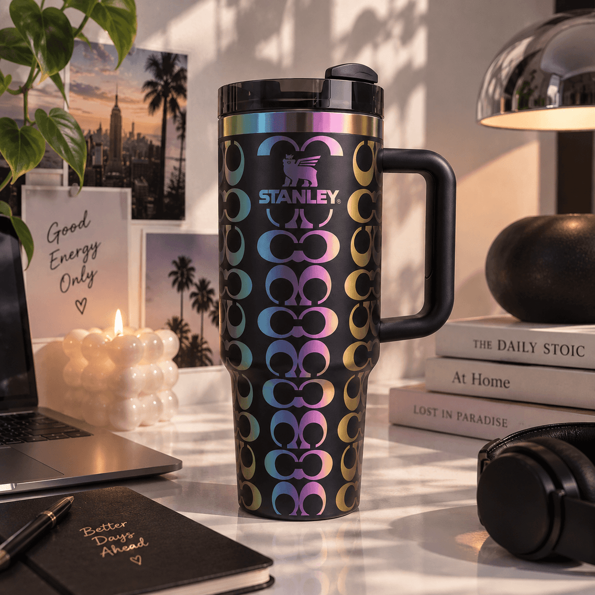 Midnight Rainbow Luxe Tumbler – black 40oz tumbler with iridescent details