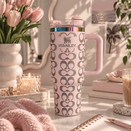 Blush Pink Luxe Tumbler – pink 40oz insulated tumbler with iridescent pattern