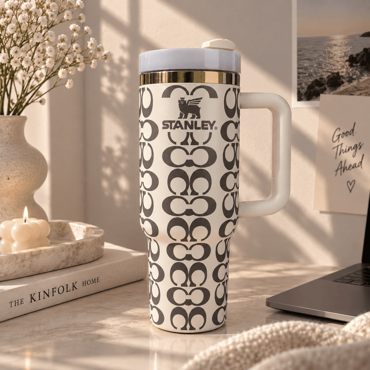 Ivory Monogram Tumbler – ivory 40oz insulated tumbler with metallic pattern