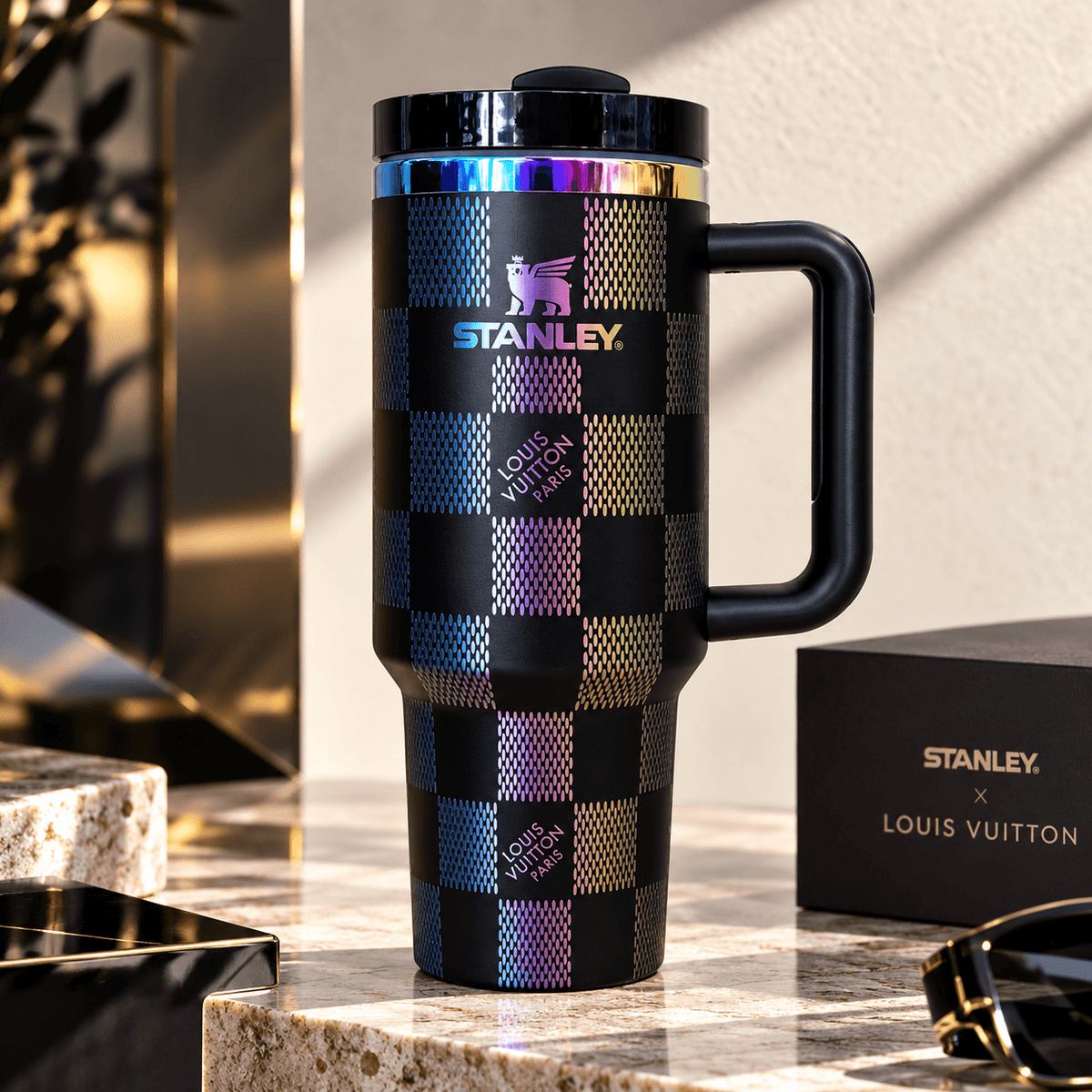 Midnight Gold Checkered 40oz Tumbler – black shine colourway