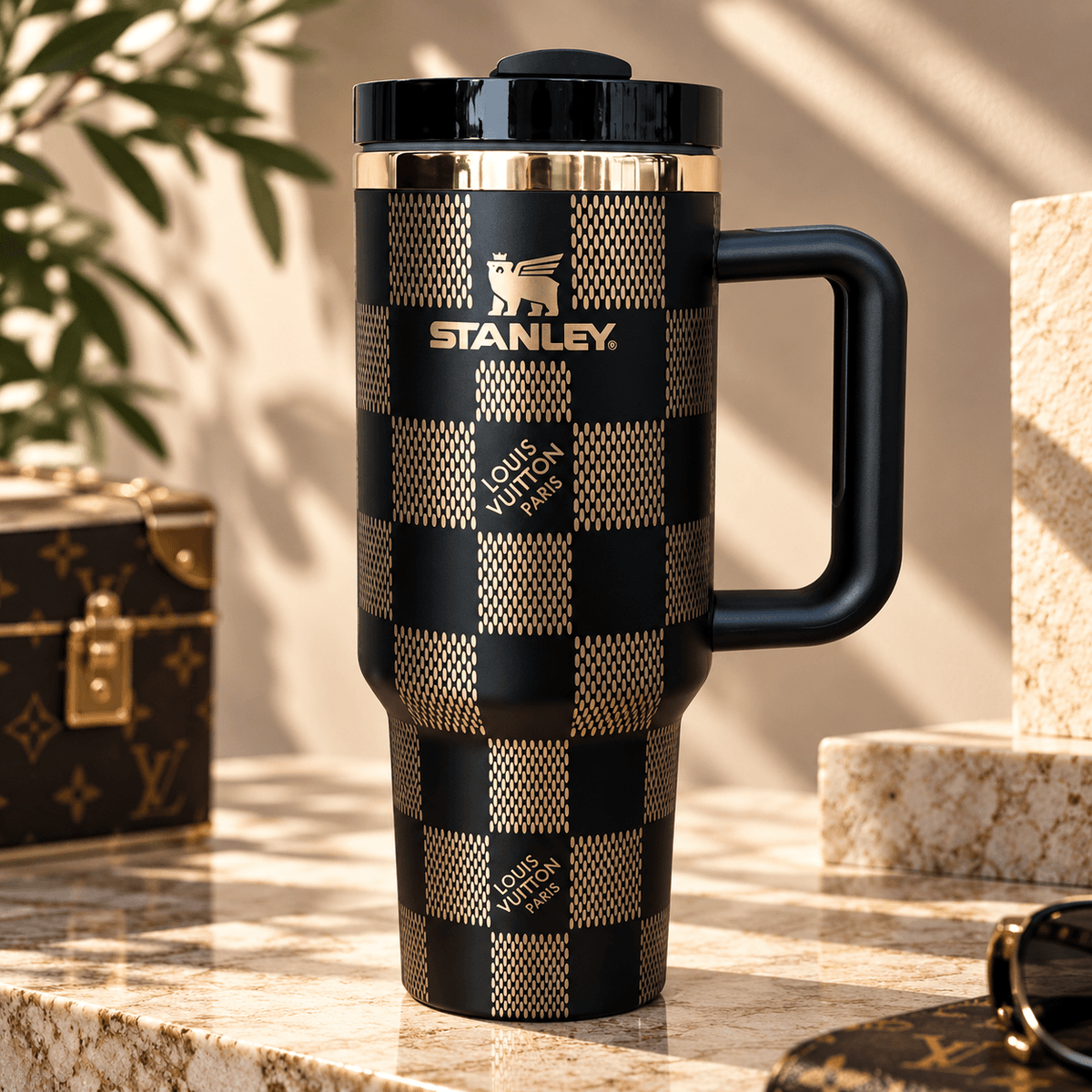 Midnight Gold Checkered 40oz Tumbler – black colourway