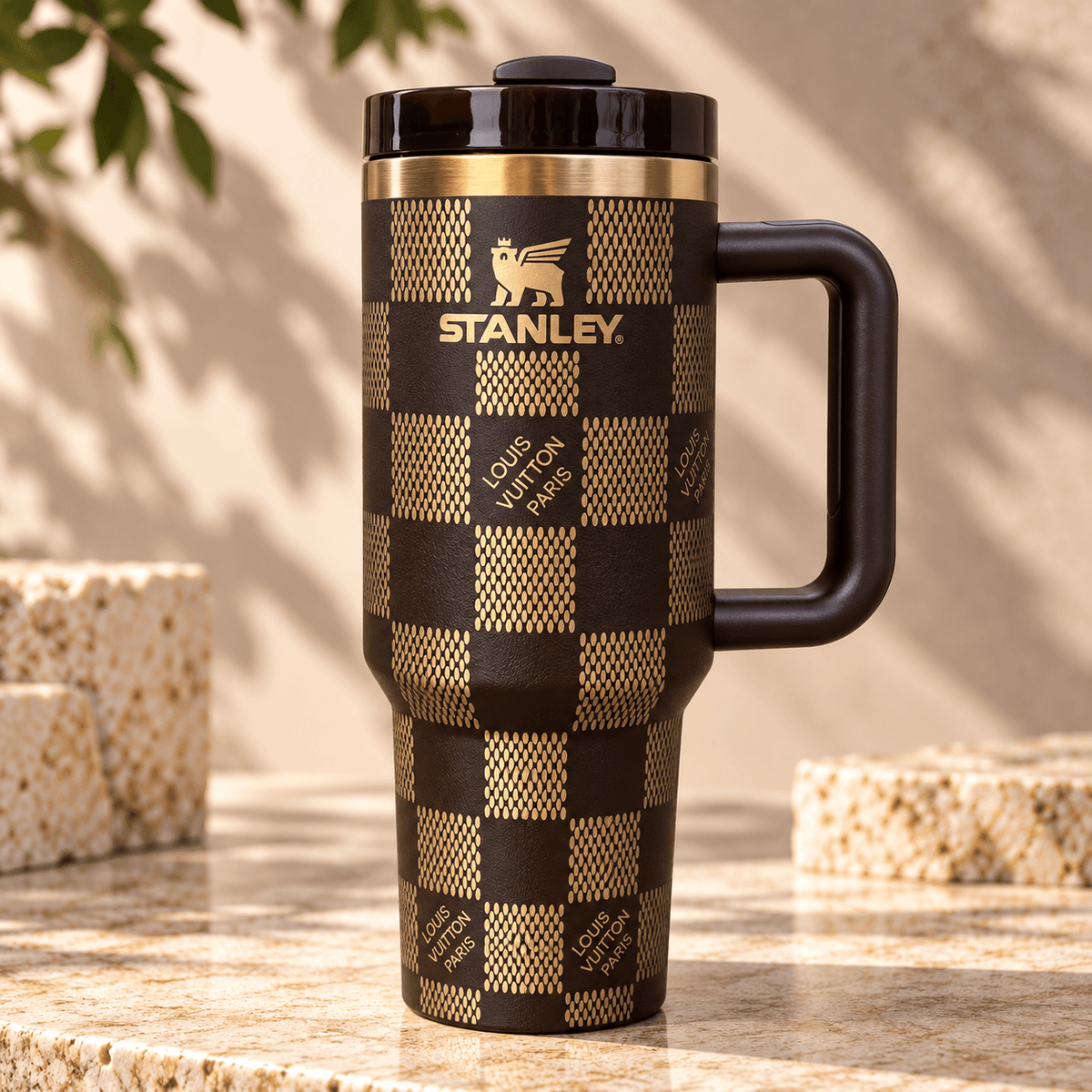 Midnight Gold Checkered 40oz Tumbler – brown with gold check pattern