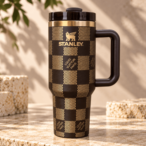 Midnight Gold Checkered 40oz Tumbler – brown with gold check pattern