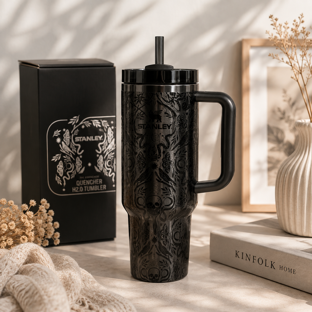 Midnight Mystic Stanley Tumbler – black 40oz with botanical and celestial art