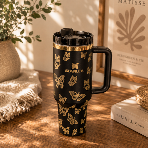 Golden Butterfly Stanley Tumbler – black 40oz with gold butterflies