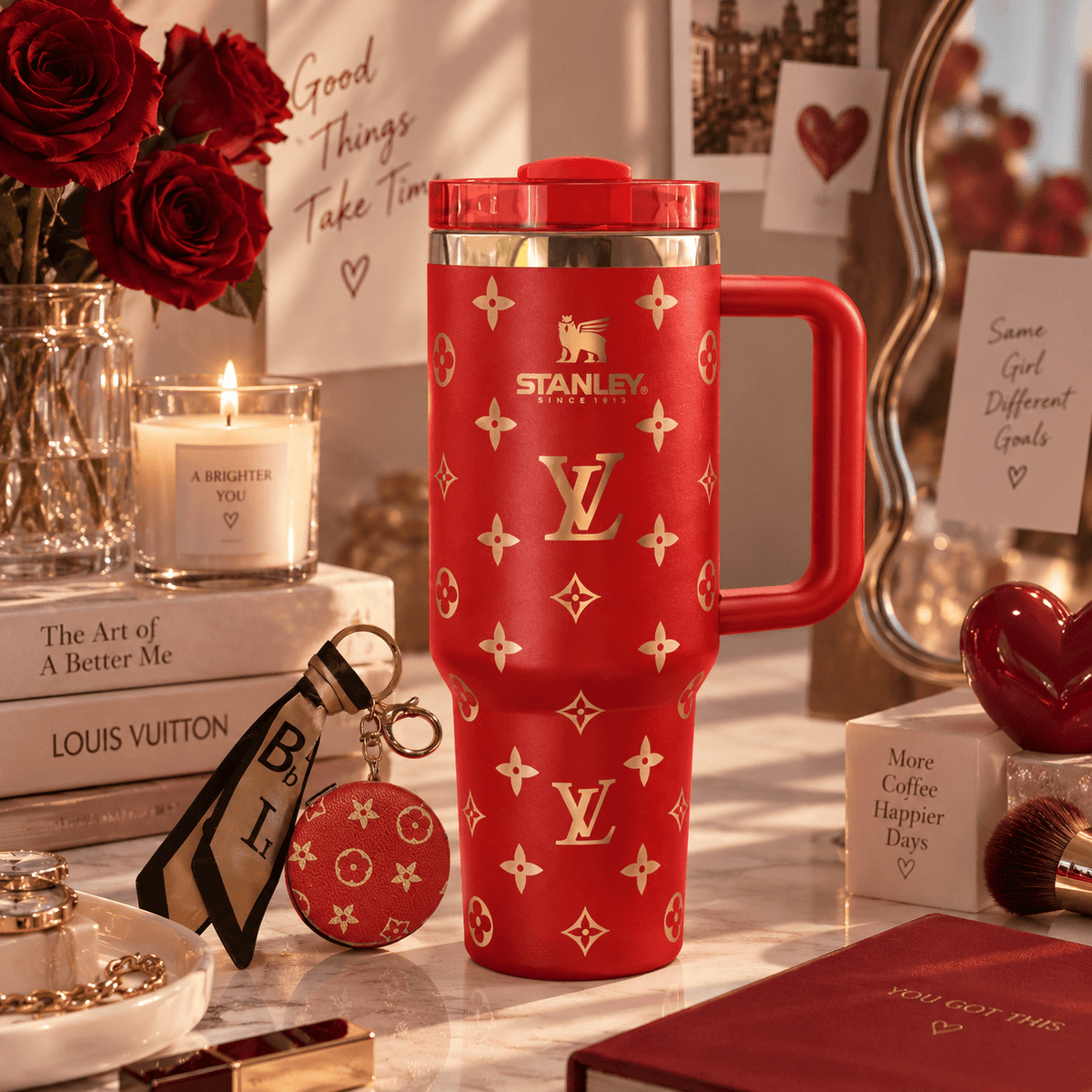 Red & Gold Statement Tumbler – red 40oz tumbler with gold-tone pattern