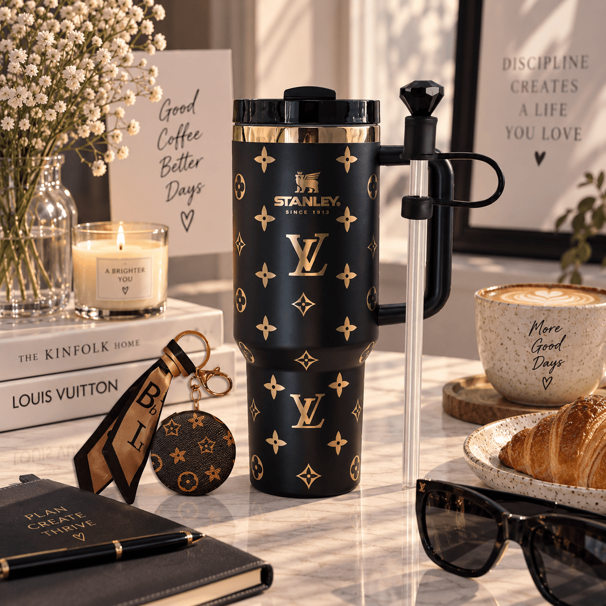 Black & Gold Statement Tumbler – black 40oz tumbler with gold-tone pattern