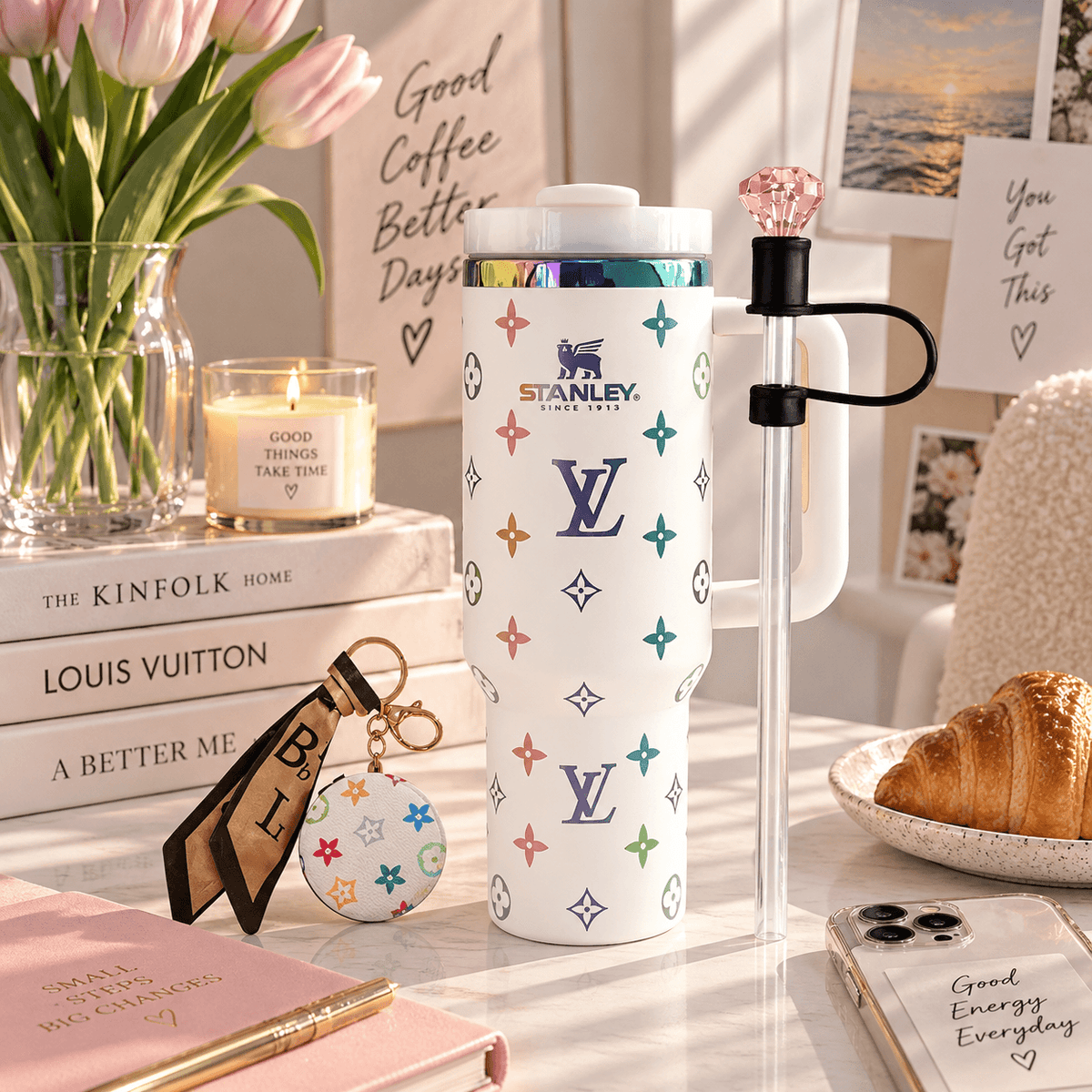 Colorful White Statement Tumbler – white 40oz tumbler with multicolour pattern
