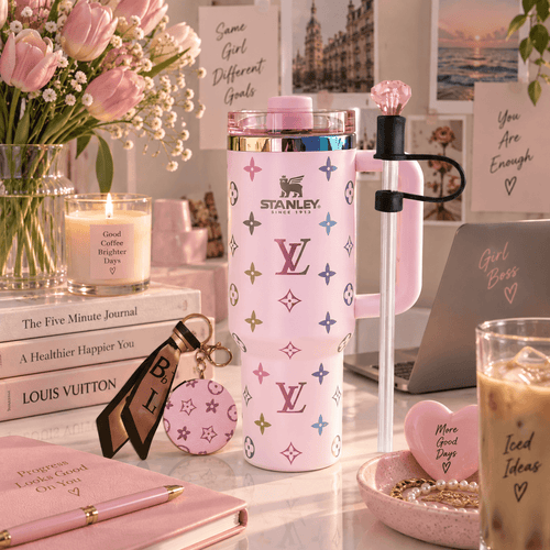 Blush Pink Statement Tumbler – pink 40oz tumbler with multicolour pattern