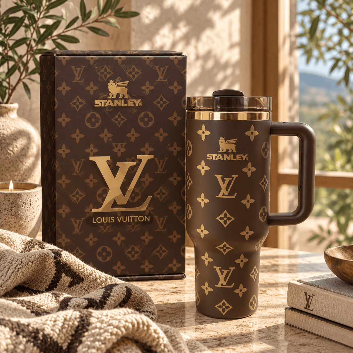 Mocha Gold Statement Tumbler – side view with handle and straw