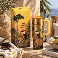 Tropical Paradise Tumbler – gold 40oz tumbler with toucan and botanical print