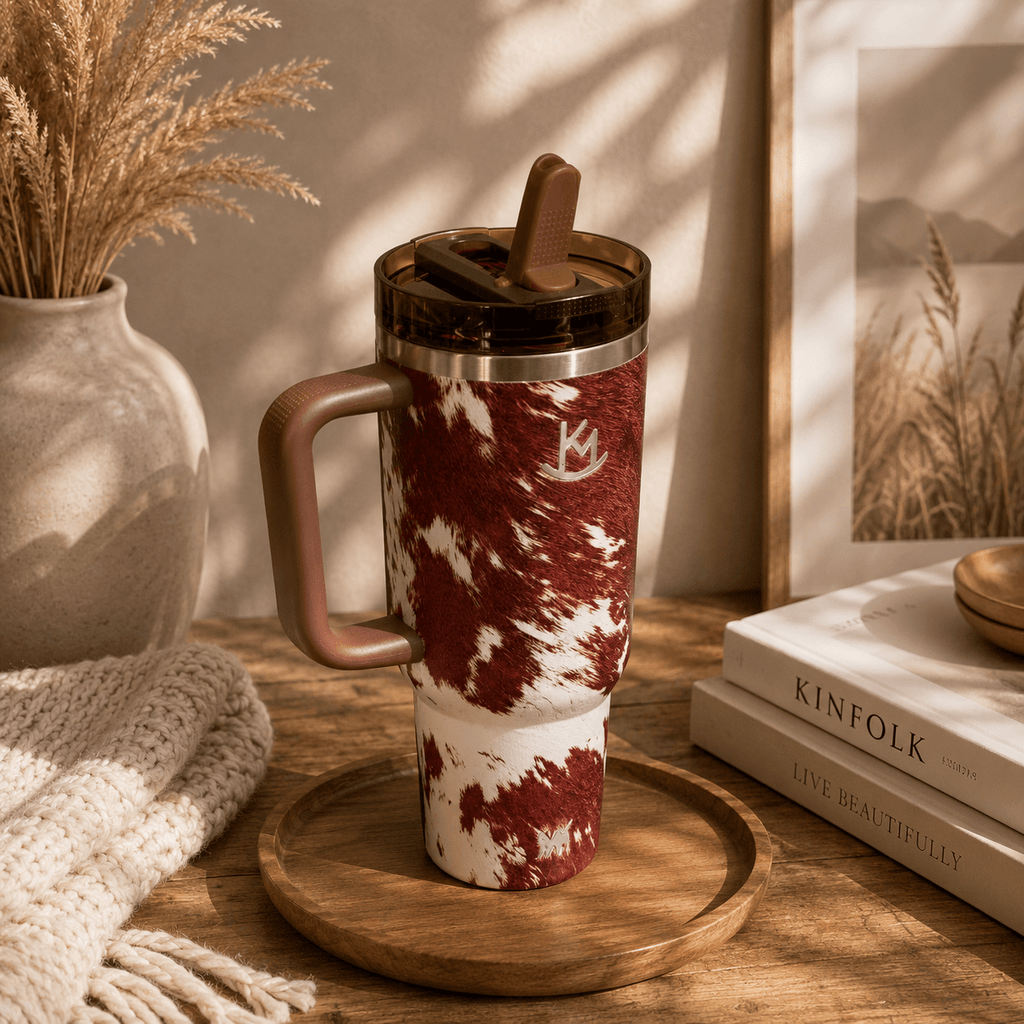 Western Cowhide Adventure Tumbler – side view with handle