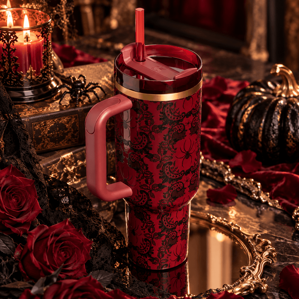 Crimson Lace Spider Tumbler – side view with handle