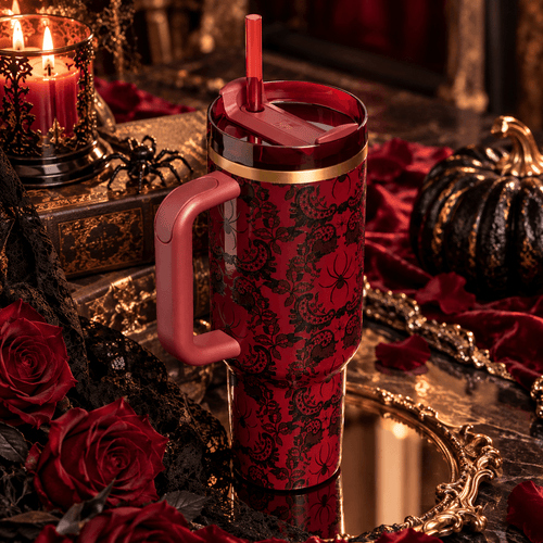 Crimson Lace Spider Tumbler – side view with handle