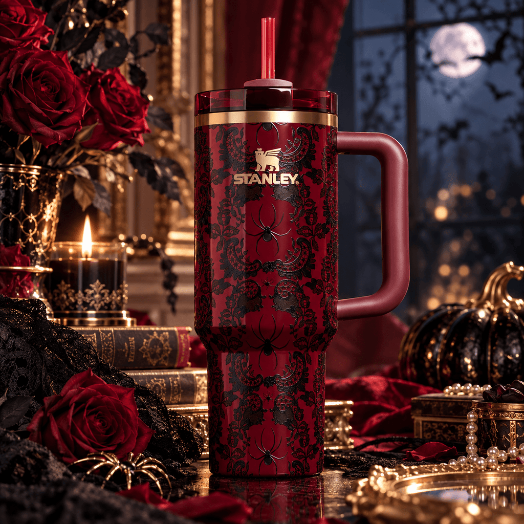 Crimson Lace Spider Tumbler – red 40oz tumbler with black lace and gold accents
