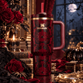 Crimson Lace Spider Tumbler – red 40oz tumbler with black lace and gold accents