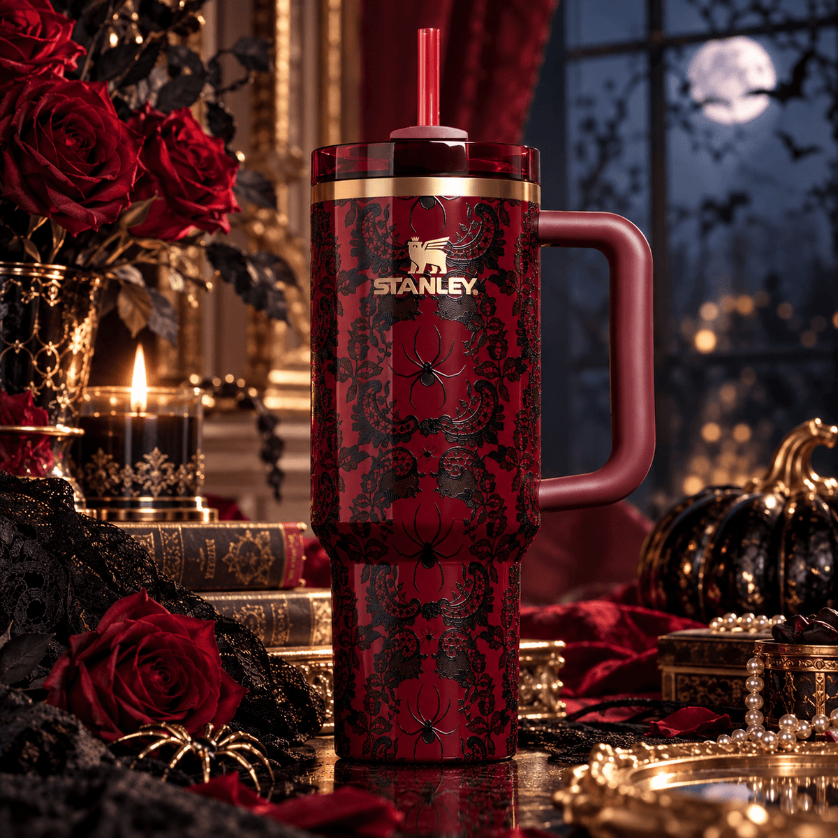 Crimson Lace Spider Tumbler – red 40oz tumbler with black lace and gold accents