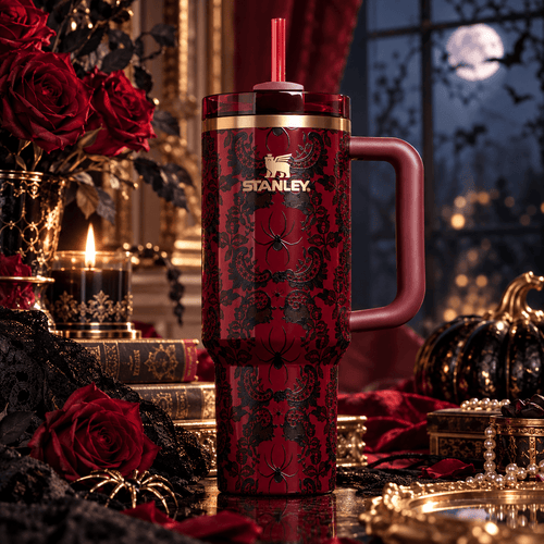 Crimson Lace Spider Tumbler – red 40oz tumbler with black lace and gold accents