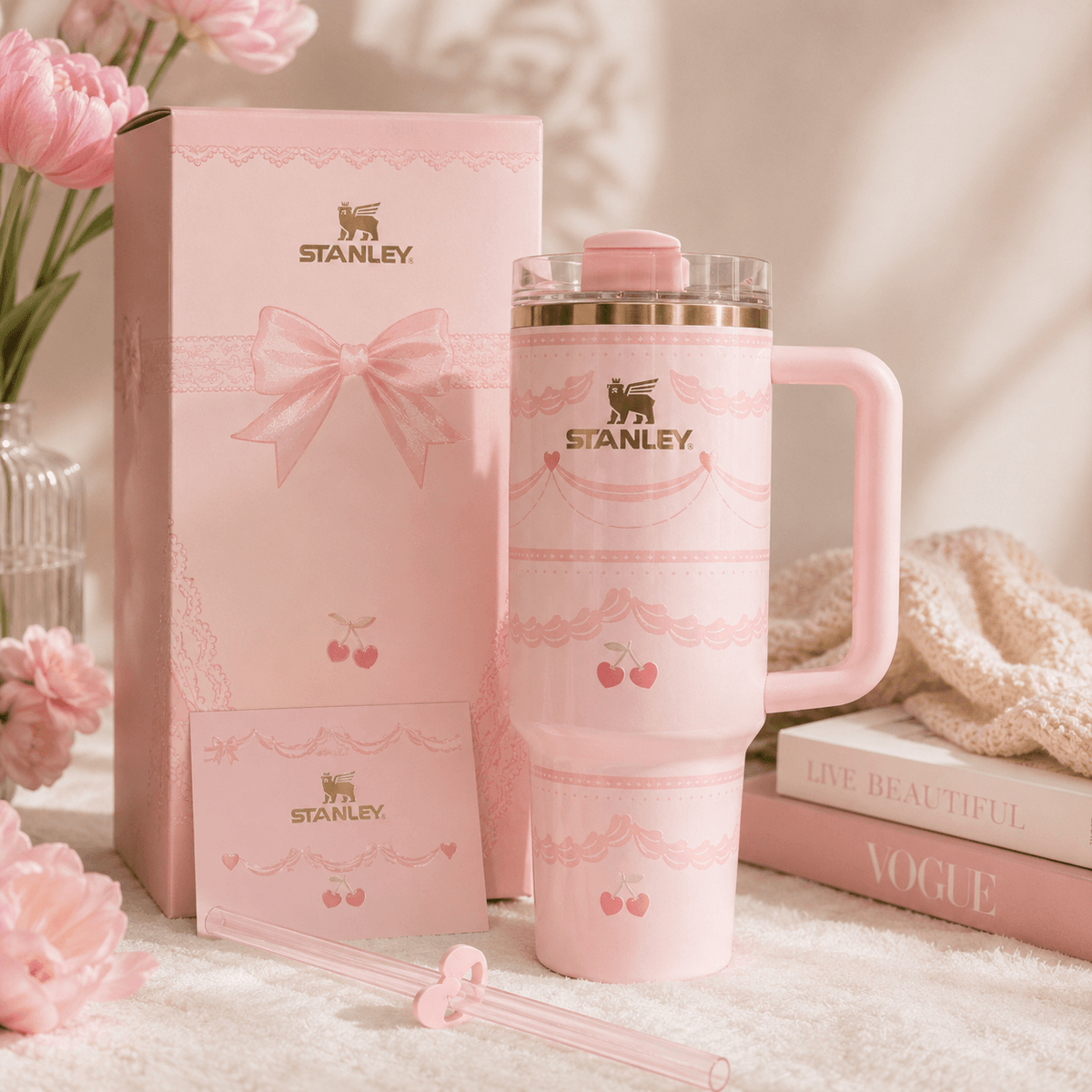Stanley Cherry Lace Tumbler – blush pink 40oz with gift box