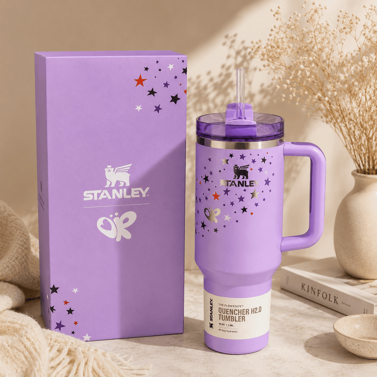 Cosmic Spark Tumbler – lavender 40oz tumbler with stars and butterflies