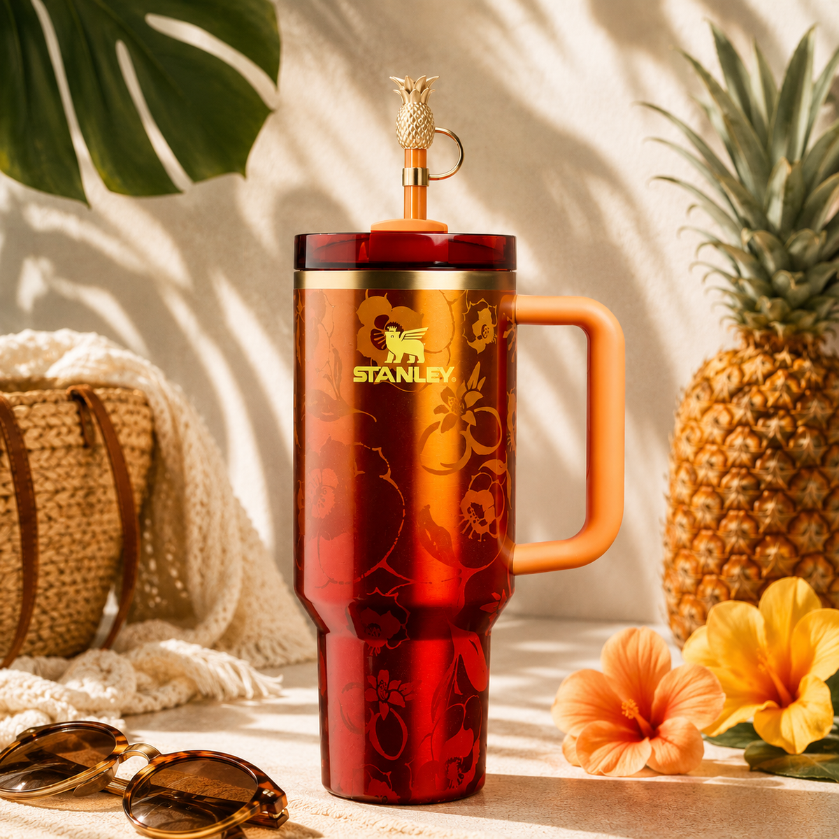 Stanley Sunset Bloom Tumbler – ruby red 40oz with pineapple topper