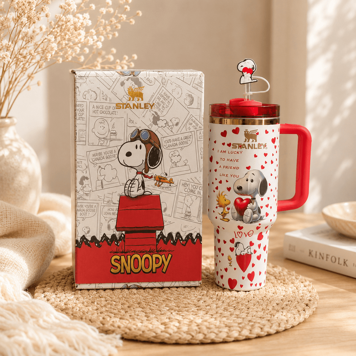 Stanley Snoopy Love Hearts Tumbler – cream 40oz with red hearts