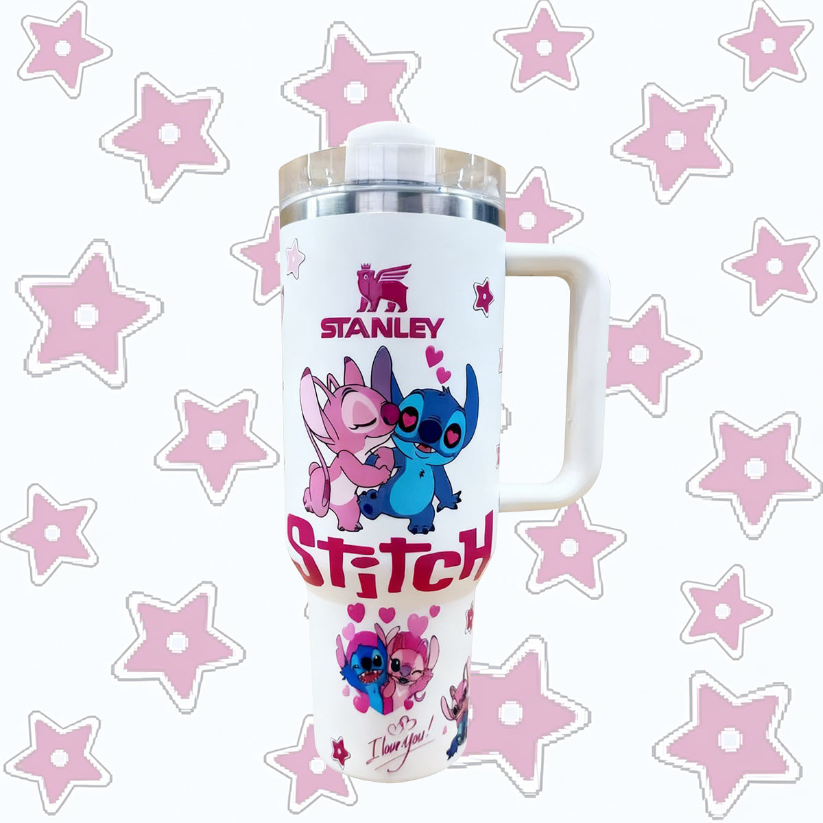 Stitch Sweet Love Tumbler – pastel 40oz tumbler with hearts and stars
