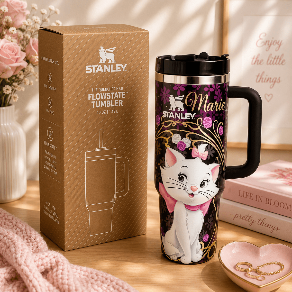 Elegant Blossom Cat Insulated Tumbler – 40oz tumbler with illustrated cat and florals