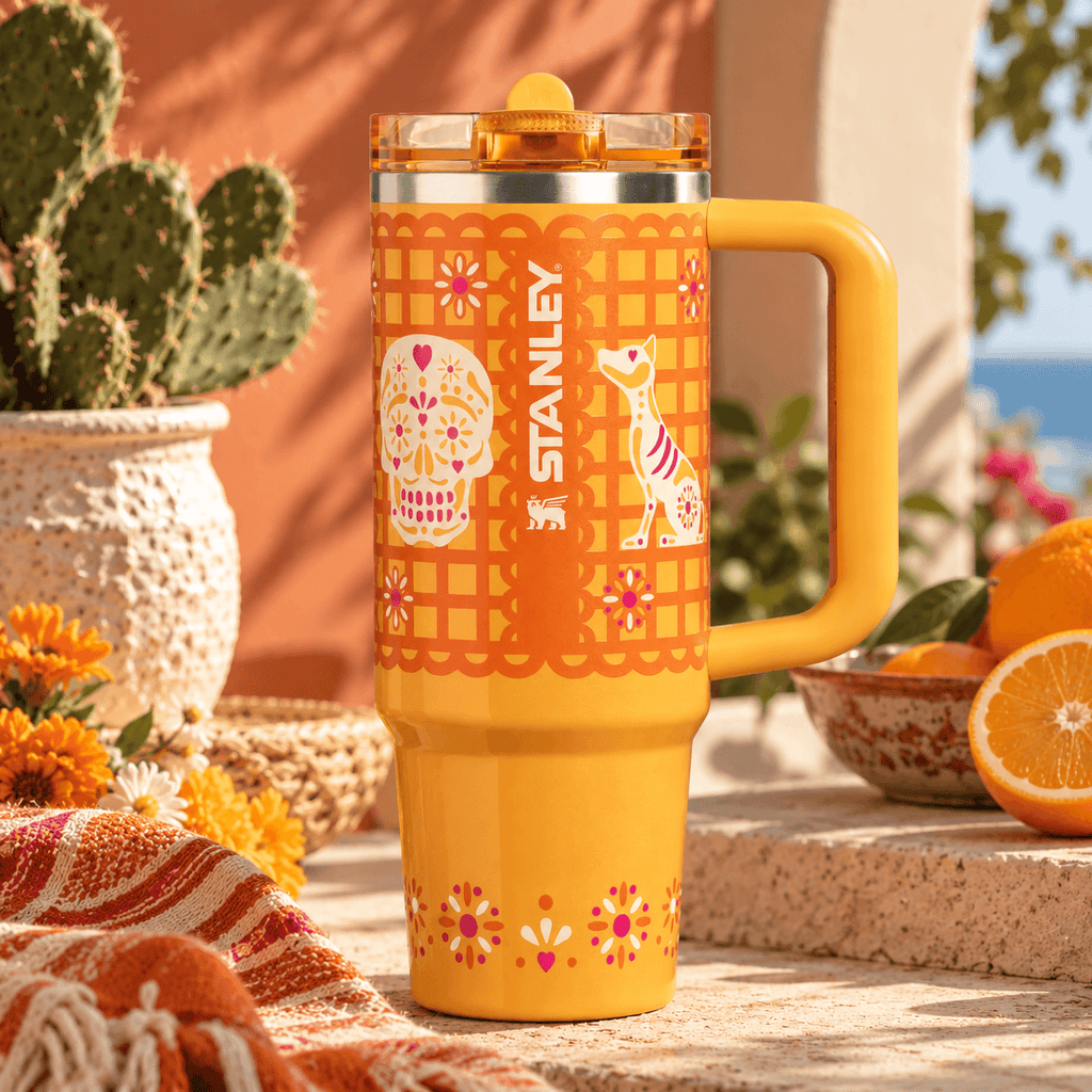 Golden Fiesta Tumbler – orange 40oz tumbler with folk floral artwork