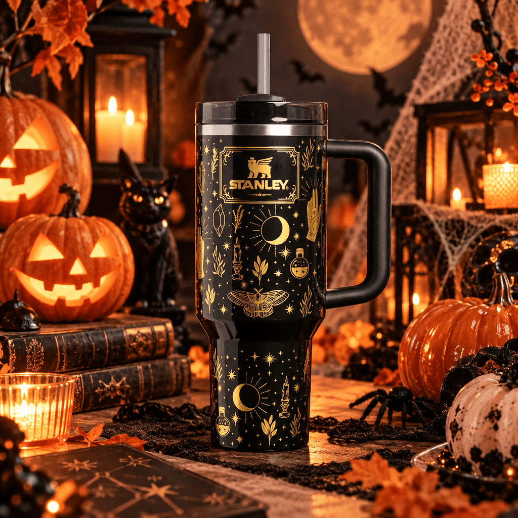 Midnight Magic 40oz Tumbler – black shine with gold celestial artwork