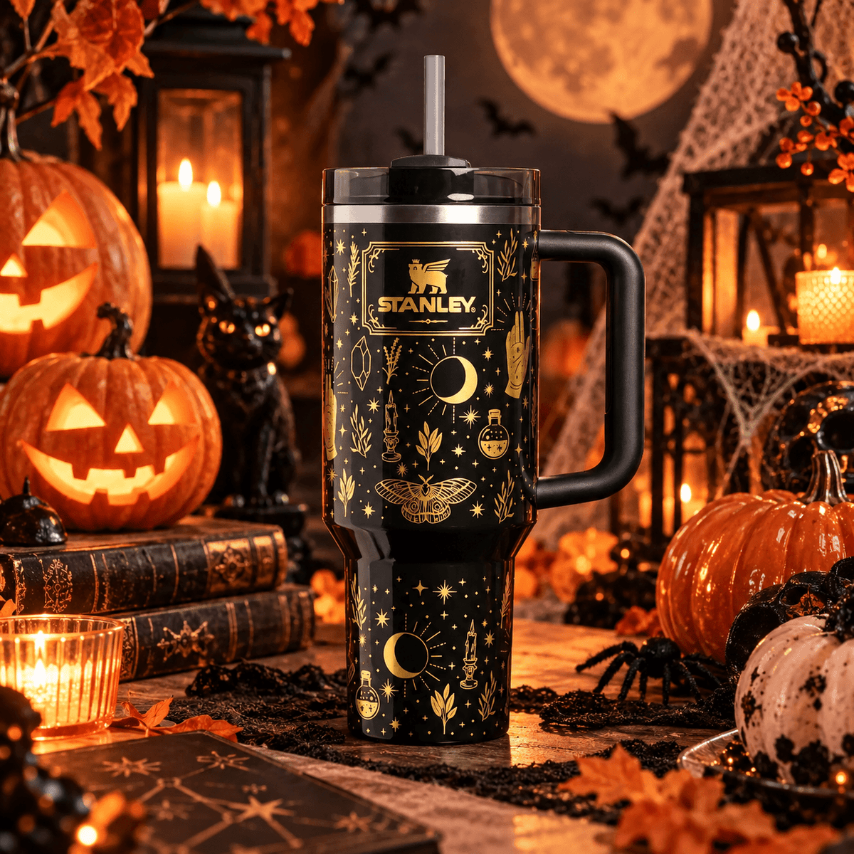 Midnight Magic 40oz Tumbler – black shine with gold celestial artwork
