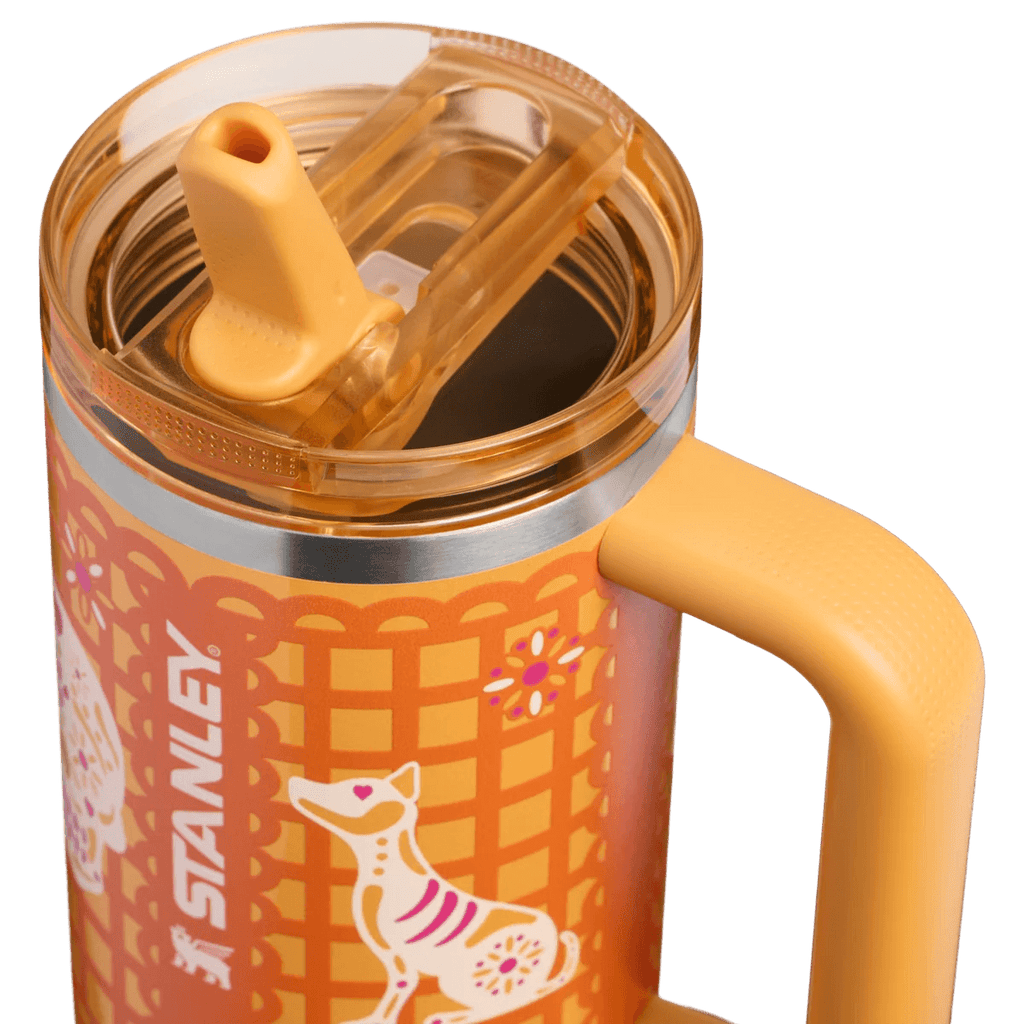 Golden Fiesta Tumbler – floral and skull motif detail