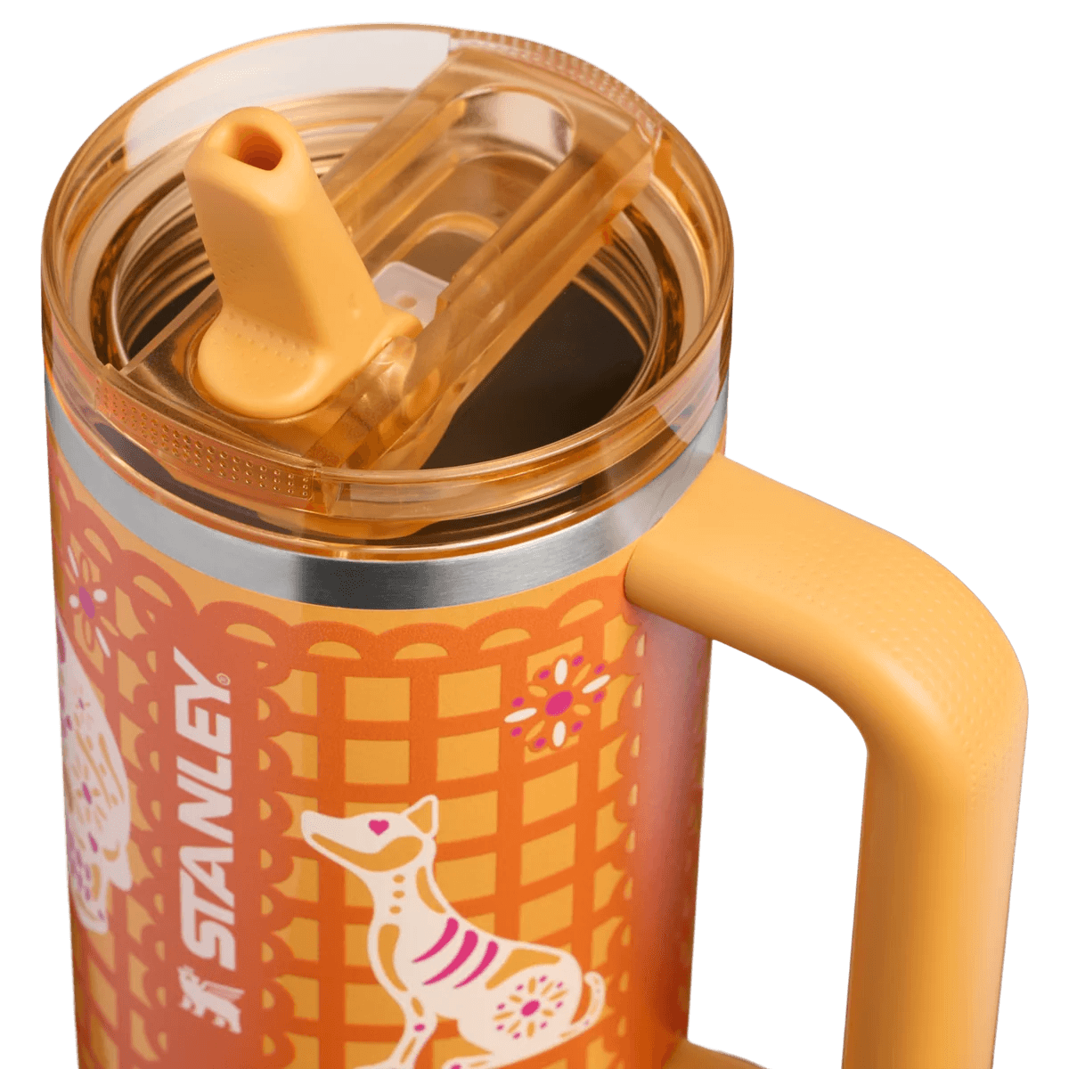 Golden Fiesta Tumbler – floral and skull motif detail