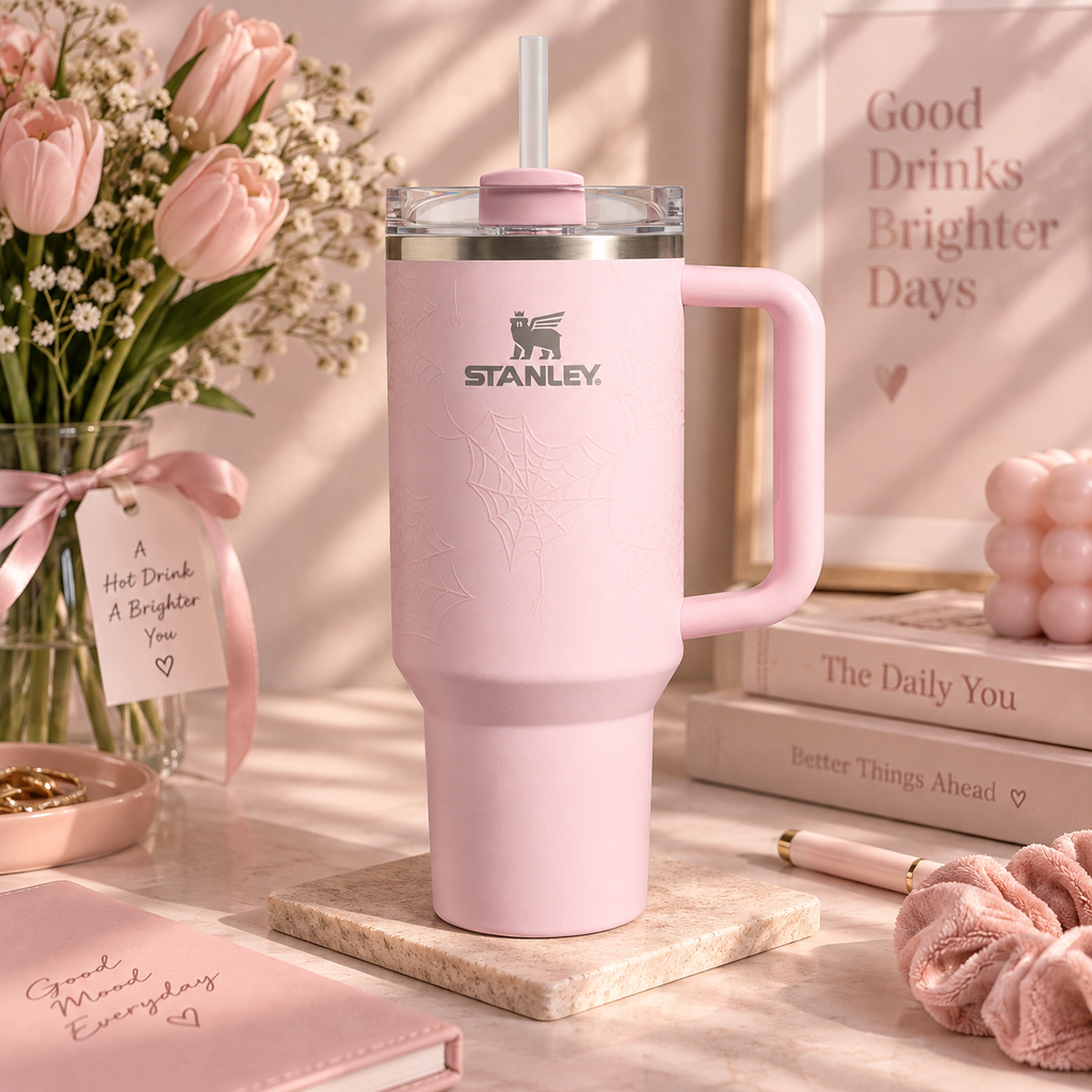 Pink Halloween Spiderweb Stanley Tumbler – lifestyle view