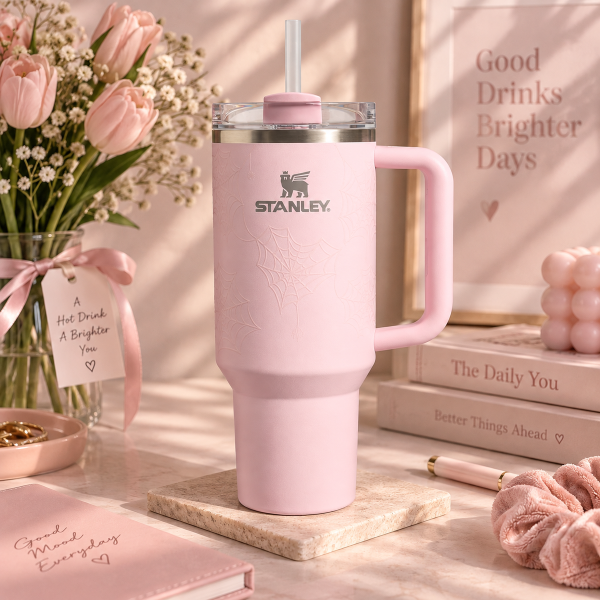 Pink Halloween Spiderweb Stanley Tumbler – lifestyle view