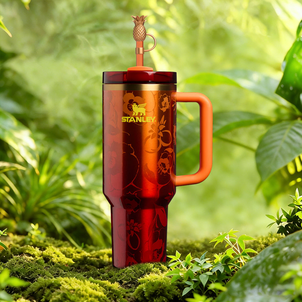 Stanley Sunset Bloom Tumbler – side view with orange handle