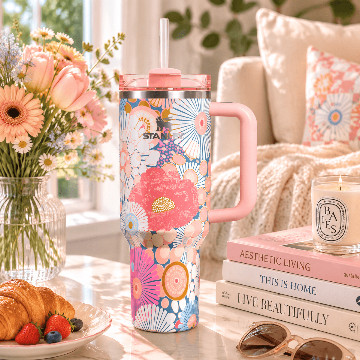 Blooming Palette Floral Insulated Tumbler – pastel floral 40oz with pink lid